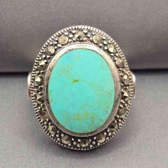 Unknown Jewelry - VTG 925 Sterling Silver Turquoise & Marcasite Ring Size 6.5 Signed Filigree